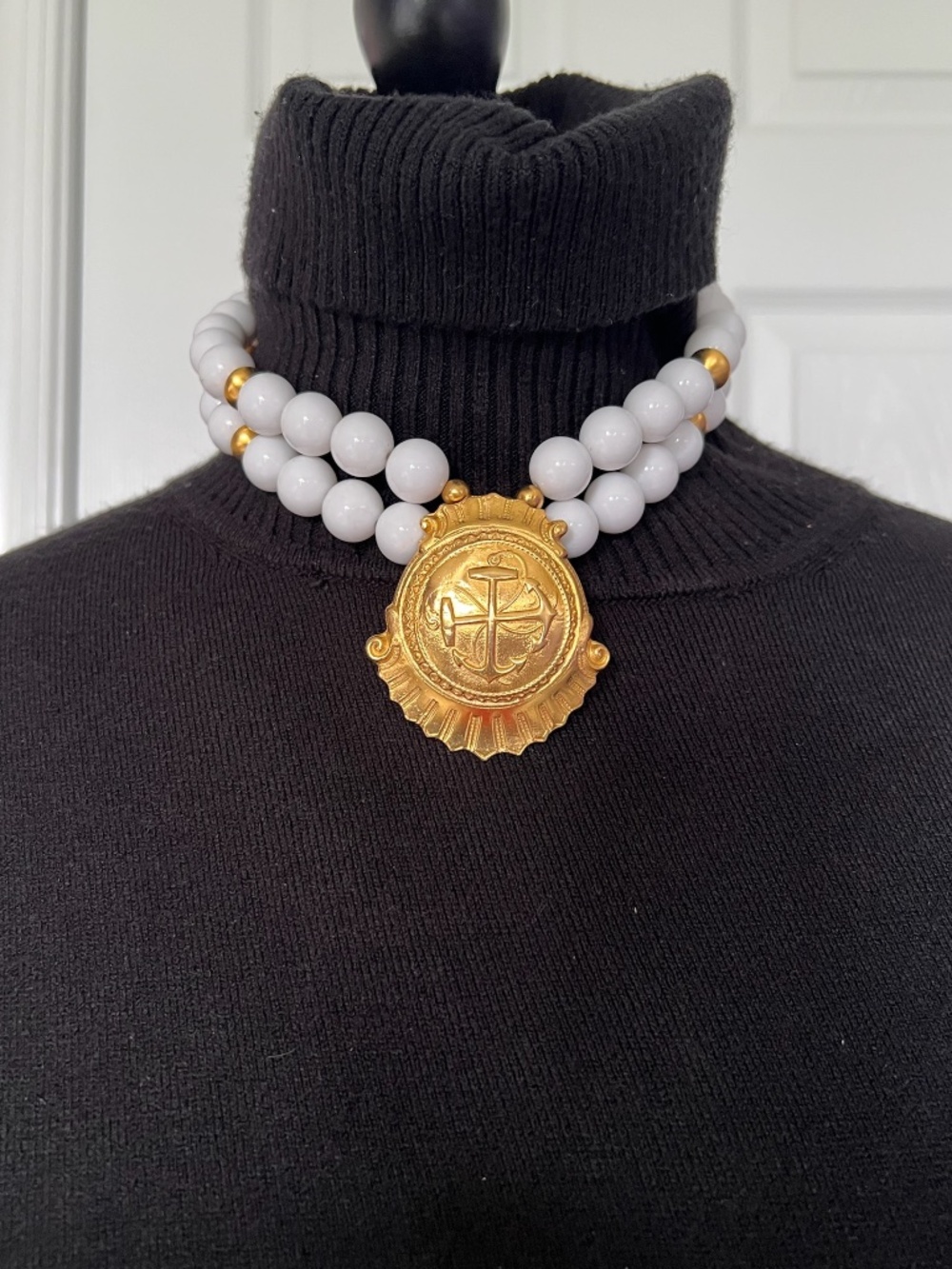 Vintage White Chunky Double Strand Necklace With Gold  Medallion Pendant